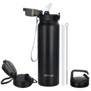 GOPPUS Metal Water Bottles with Straw 1L Vacuum Insulated Stainless Steel Water Bottle with 3 Lids(Straw Lid