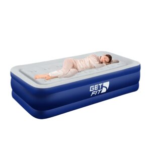 Get Fit Air Bed with Built In Electric Pump - Premium Single Size - Blow Up Bed with Free Pillow - Elevated Inflatable Air Mattress for Outdoor